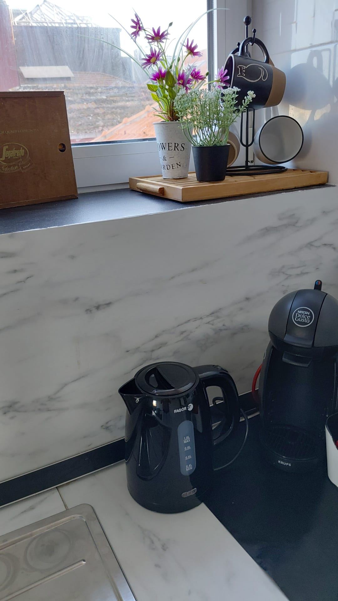 Kitchen counter with Dolce Gusto coffee machine and kettle