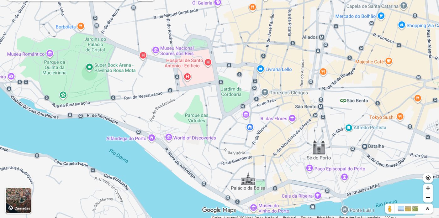 Real view of the area on Google Maps, showing the Cathedral, Clérigos Tower, Jardim da Cordoaria and Palácio da Bolsa
